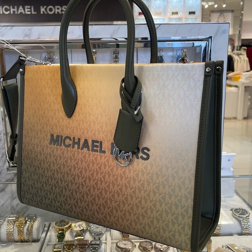 MICHAEL KORS Mirella Medium Ombré Signature Logo Tote Bag Olive Combo  NWT